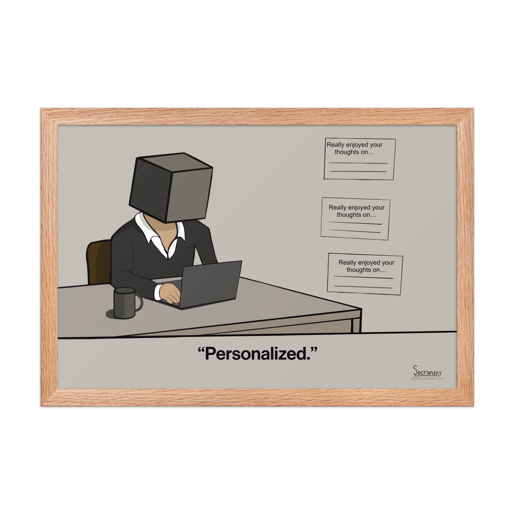 Framed sales cartoon in red oak frame featuring repetitive outbound sales emails