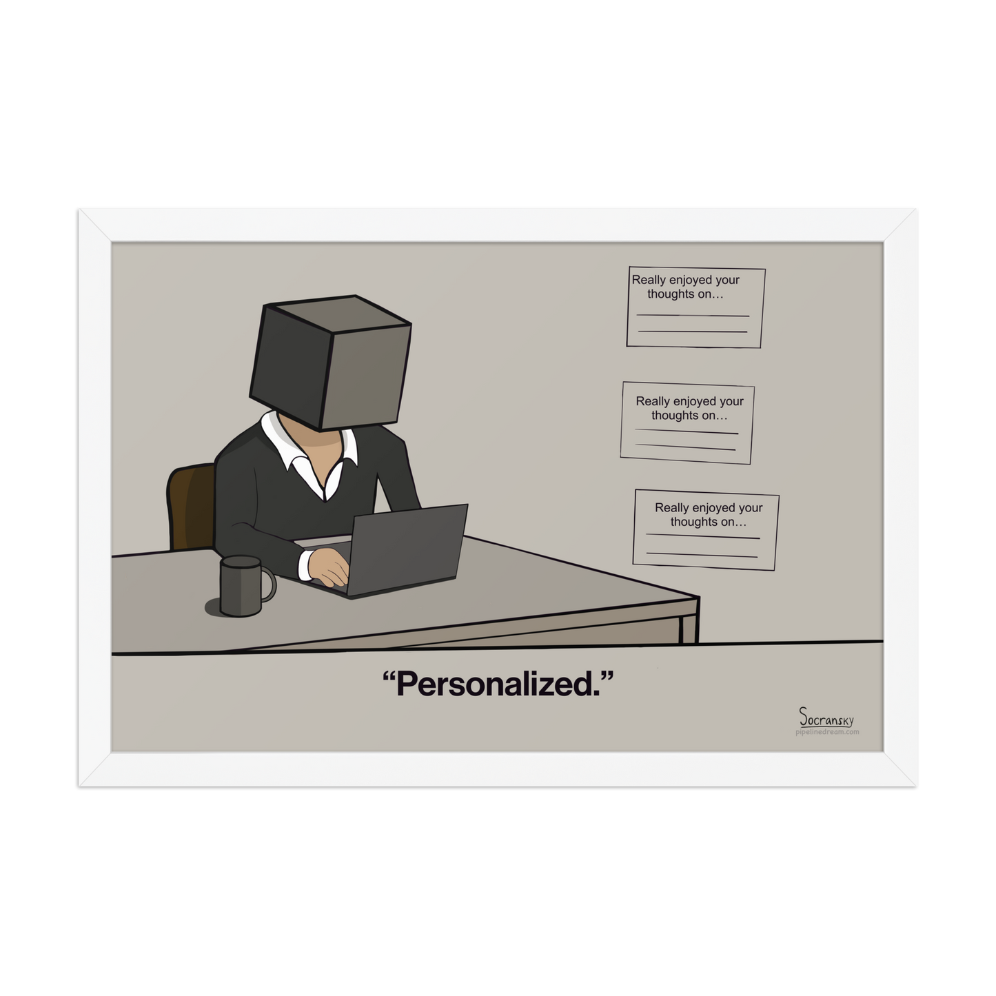 Framed sales cartoon in white frame featuring repetitive outbound sales emails