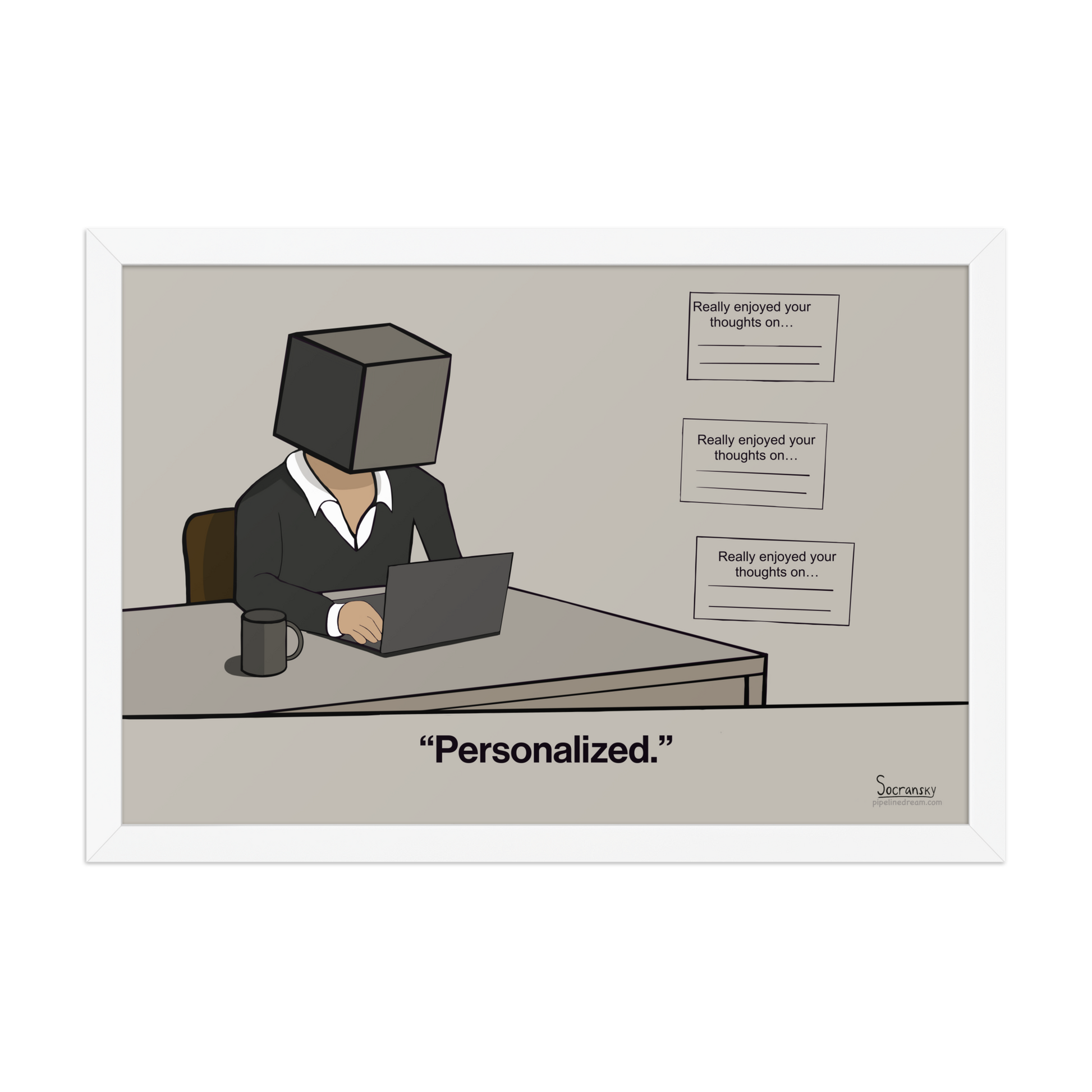 Framed sales cartoon in white frame featuring repetitive outbound sales emails