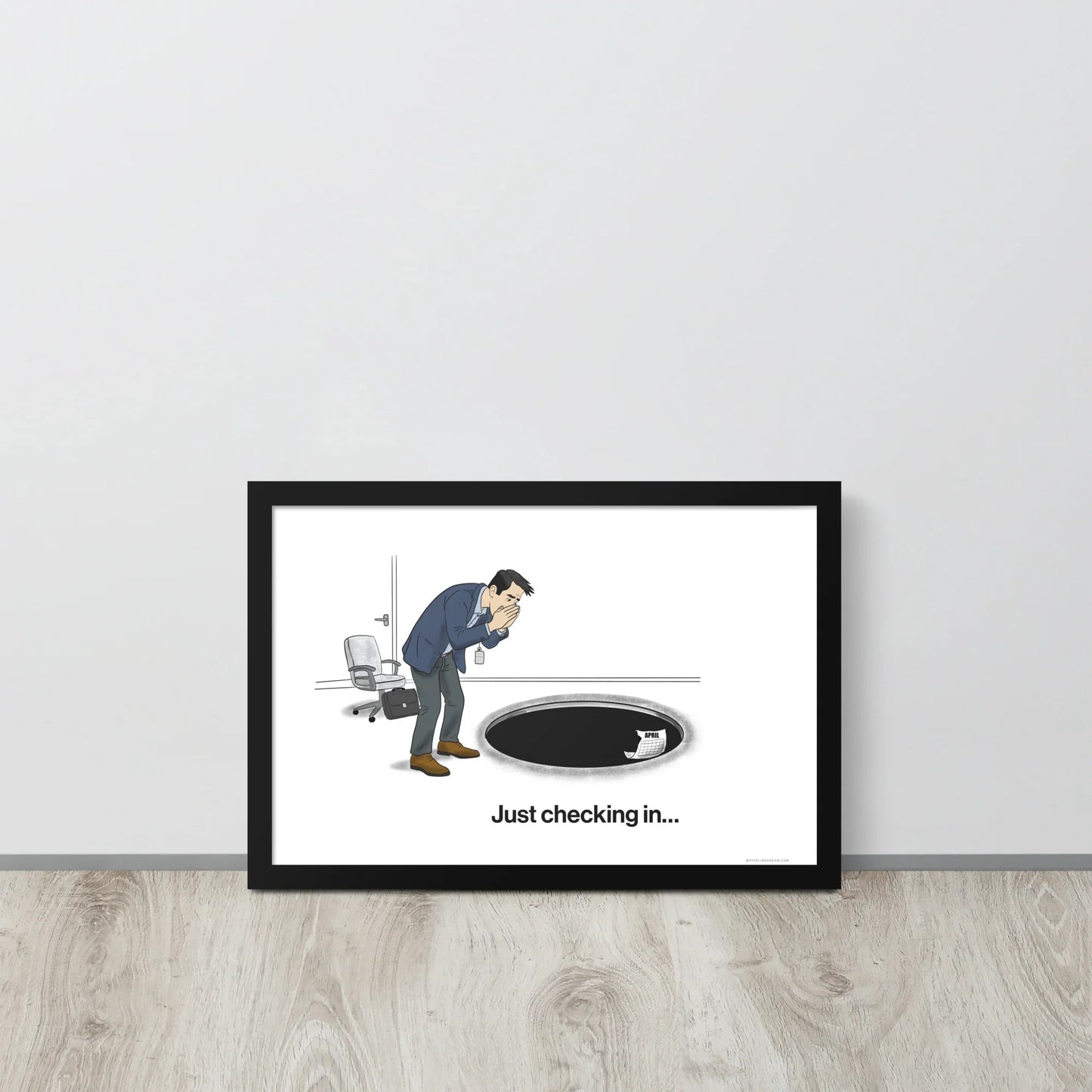 funny sales poster leaning on floor against wall in office setting