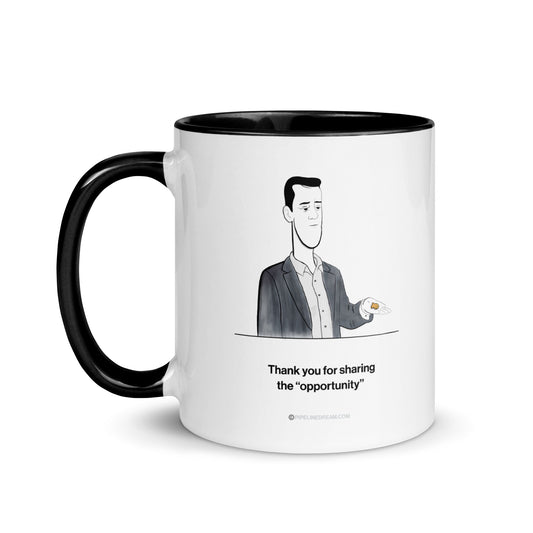 Sales humor mug featuring the “Golden Lead” cartoon with black interior