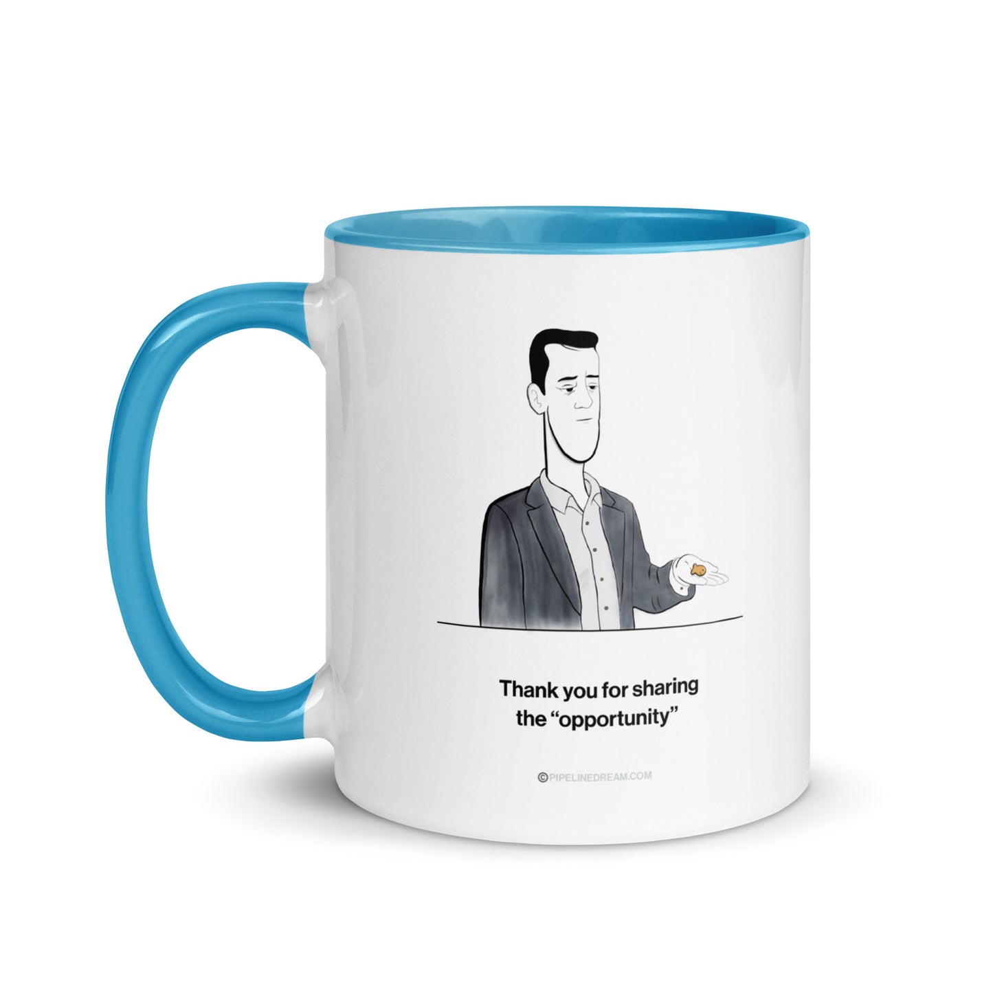 Sales humor mug with blue interior featuring the Golden Lead cartoon