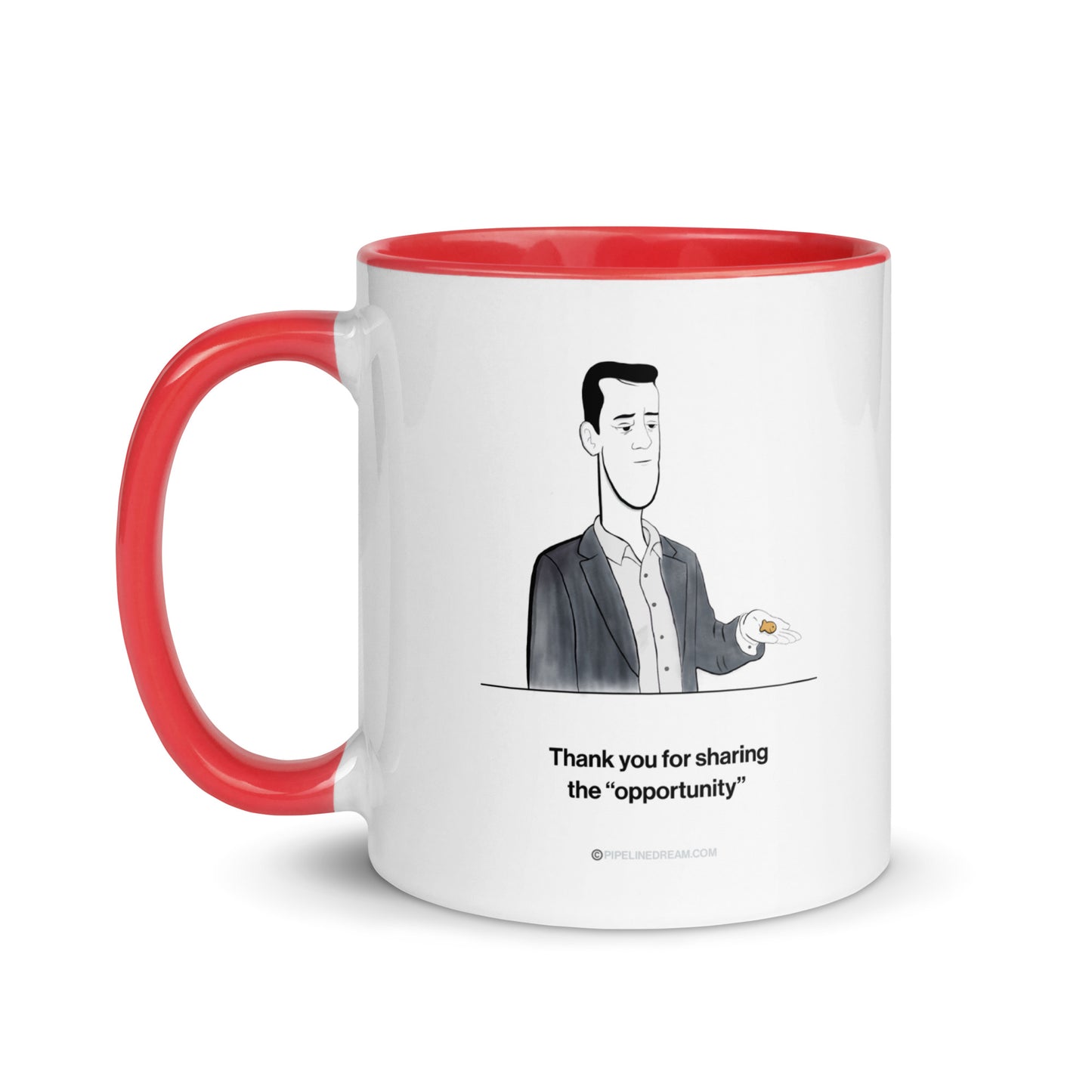 Sales humor mug with red interior showing the Golden Lead cartoon