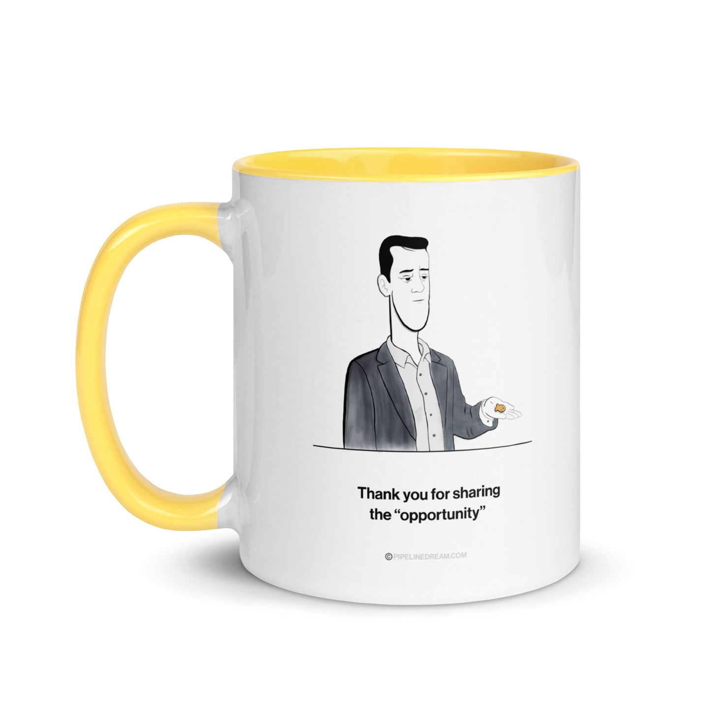 Sales humor mug with yellow interior featuring the Golden Lead cartoon