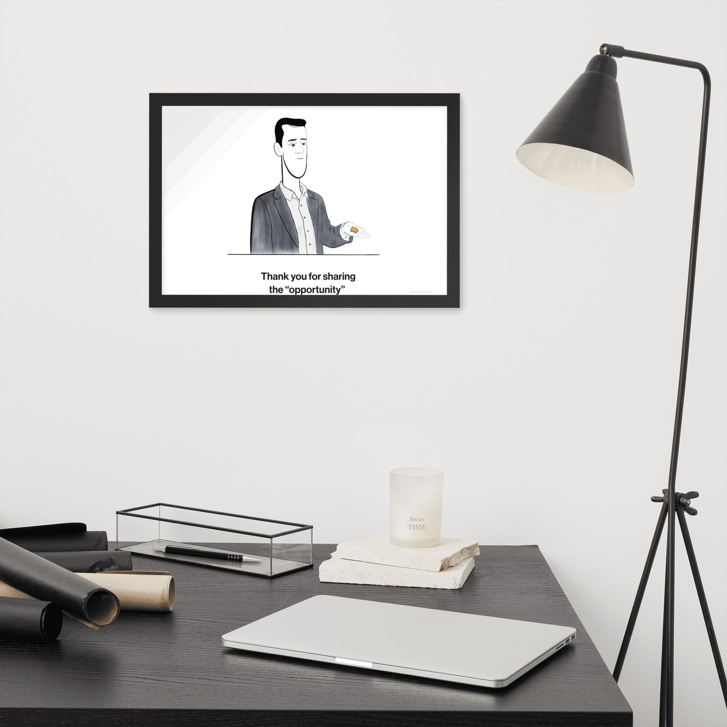 Sales humor poster displayed in a modern office setting with chair and plant – Pipeline Dream