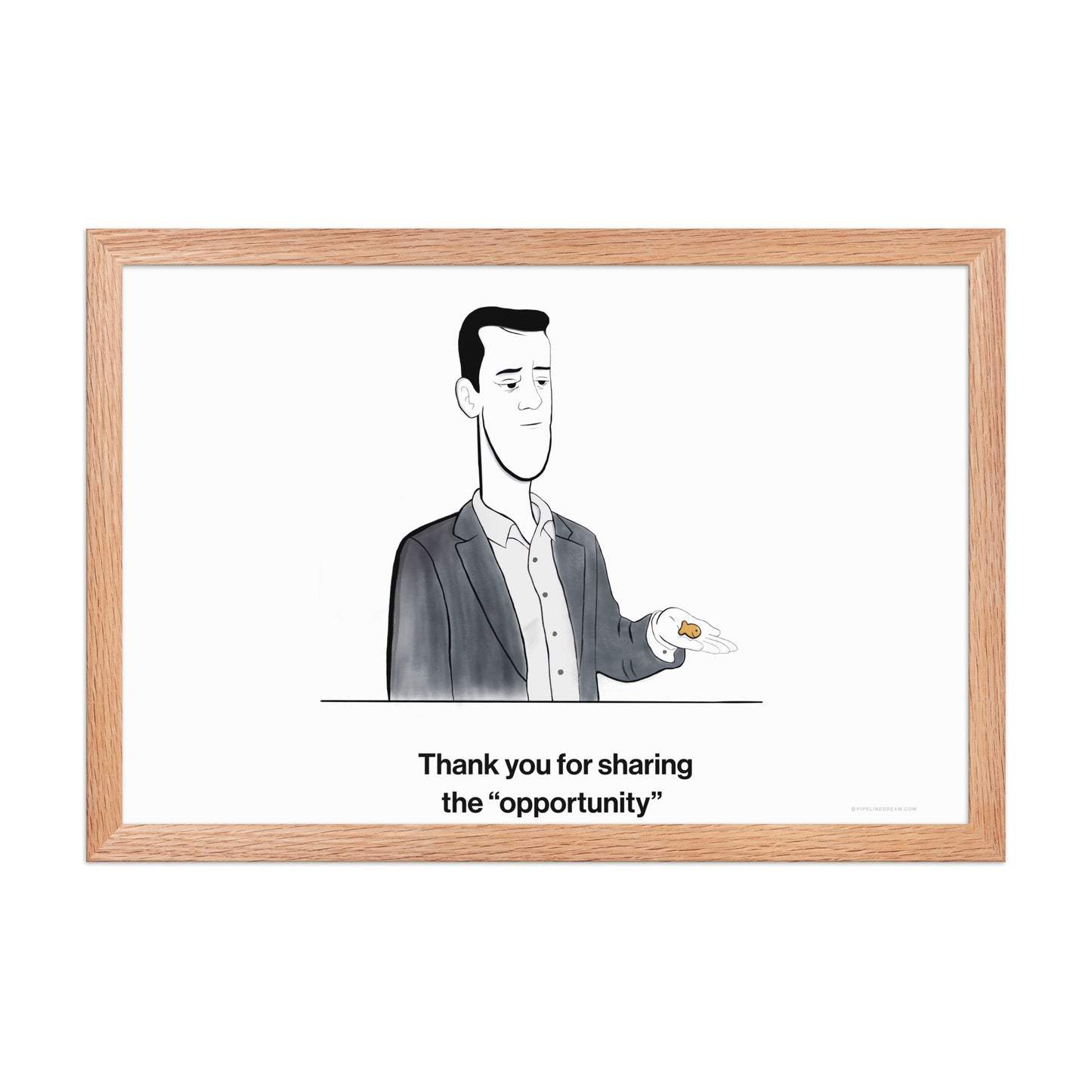 Sales humor poster in an oak frame illustrating sales and marketing misalignment with the Golden Lead cartoon – Pipeline Dream