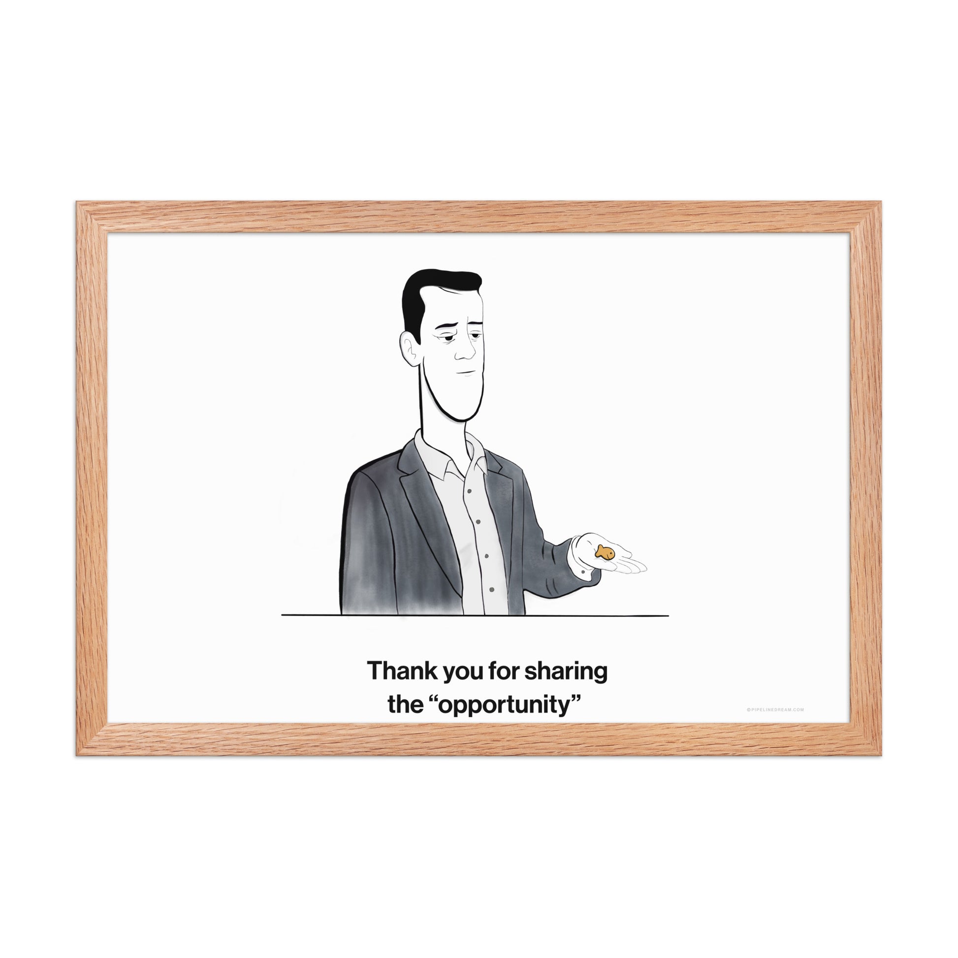 Sales humor poster in an oak frame illustrating sales and marketing misalignment with the Golden Lead cartoon – Pipeline Dream