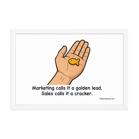 funny “Golden Lead” cartoon poster — white frame variant straight-on view — Pipeline Dream