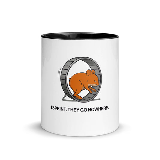 sales humor mug with cartoon hamster sprinting in wheel and caption “I Sprint. They Go Nowhere.”