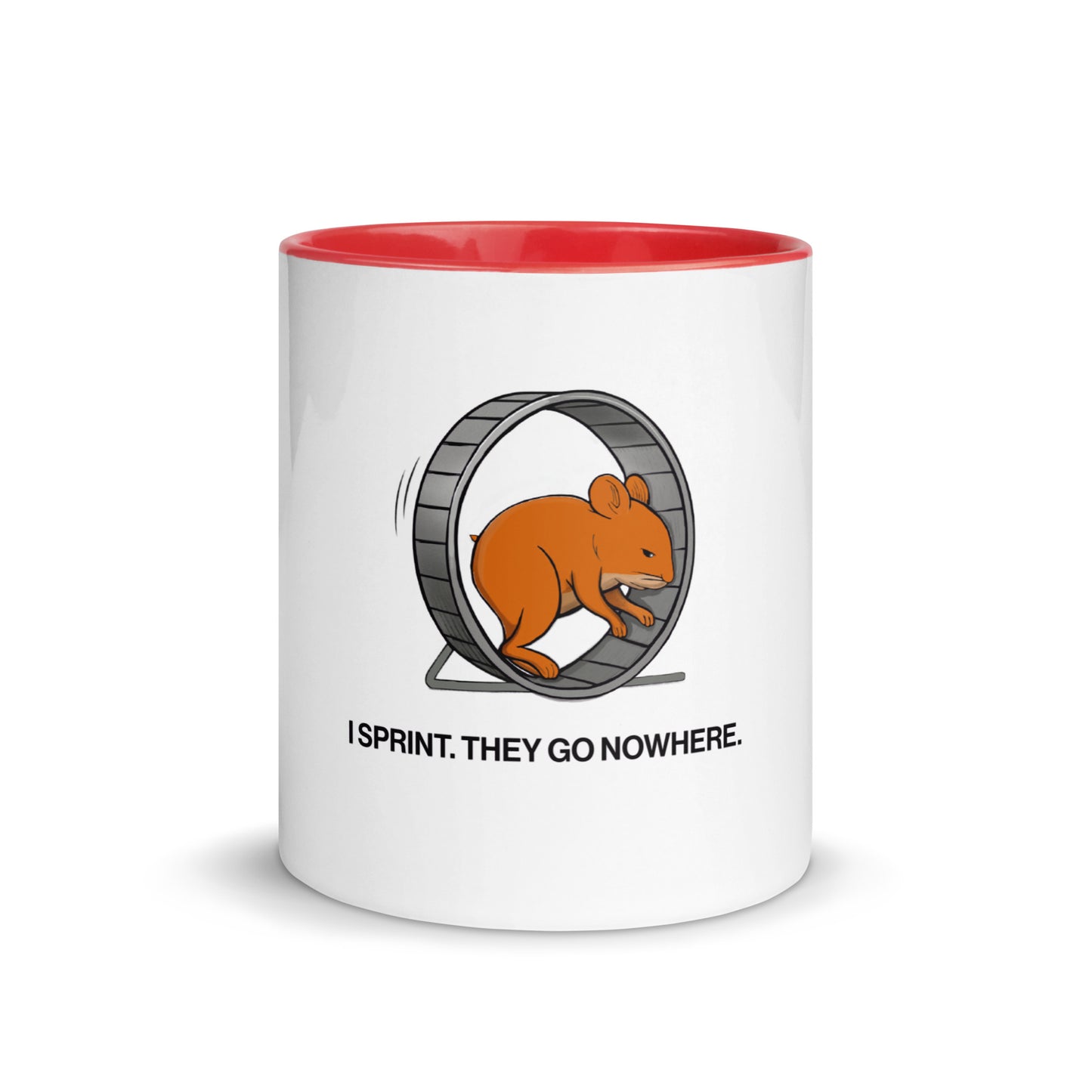 sales humor mug red interior with hamster sprinting cartoon and caption “I Sprint. They Go Nowhere.”