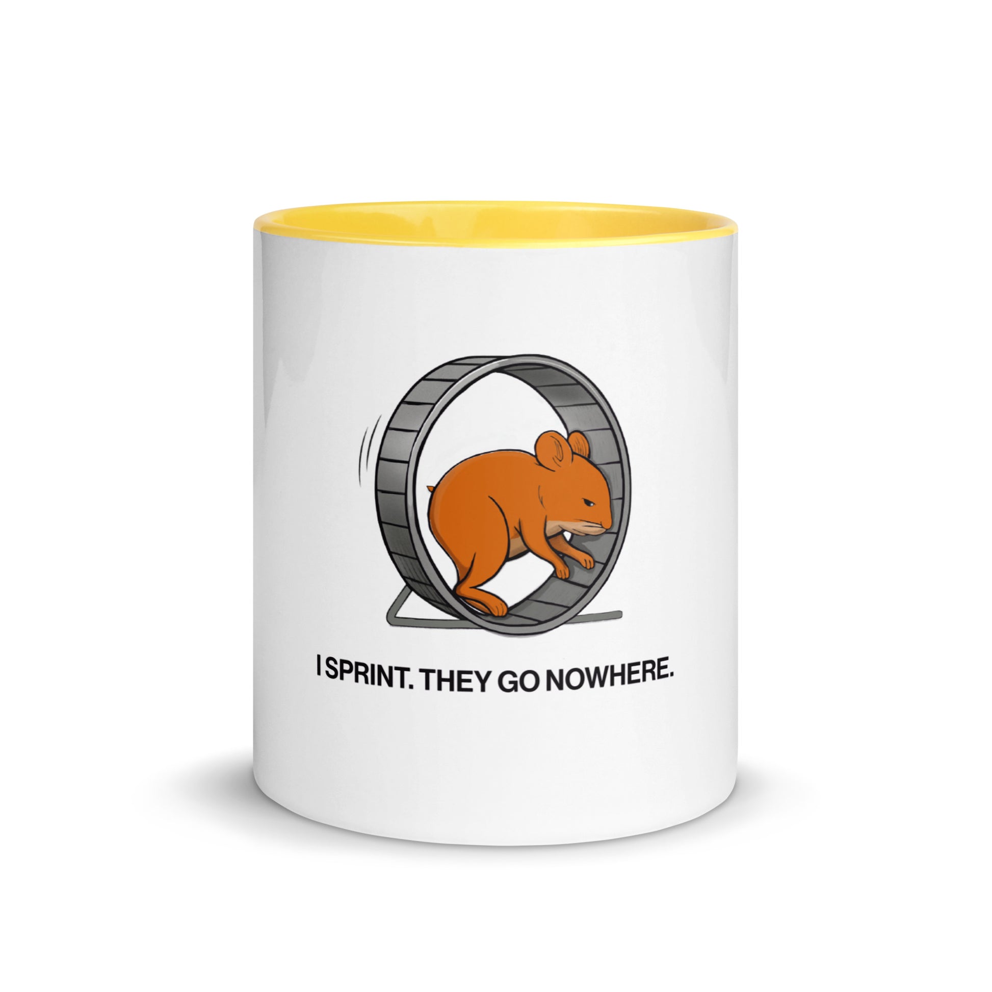 sales humor mug yellow interior featuring hamster wheel cartoon and caption “I Sprint. They Go Nowhere.”