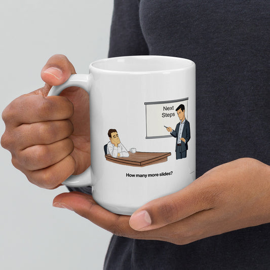 sales humor mug featuring “Next Steps” cartoon held in hands