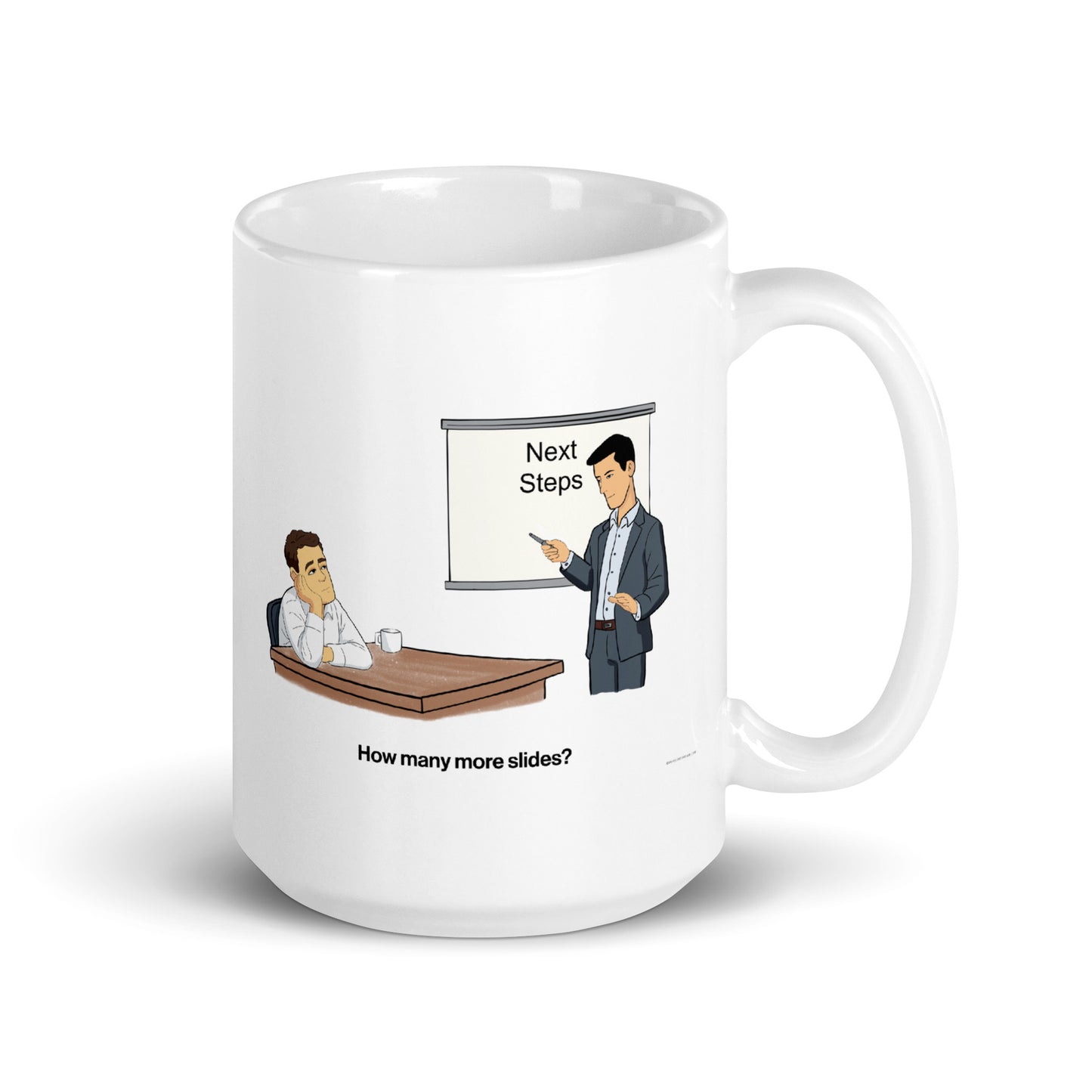 sales humor mug featuring “Next Steps” cartoon shown straight on