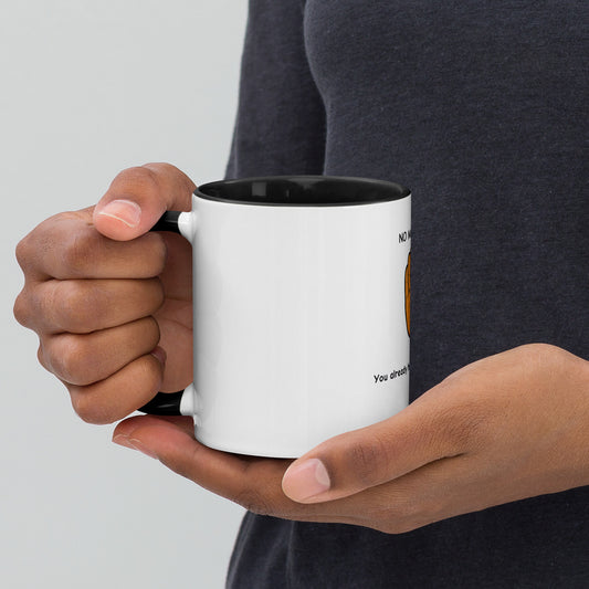 Person holding funny sales mug No More Demos with cartoon hand illustration