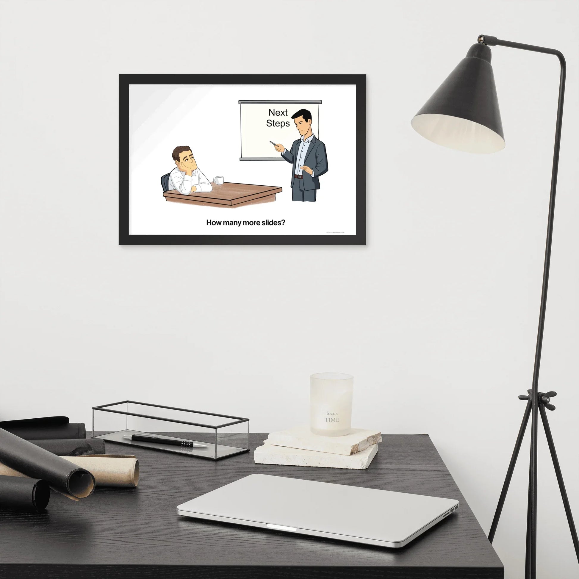 sales cartoon poster buyer disengagement above desk workspace decor