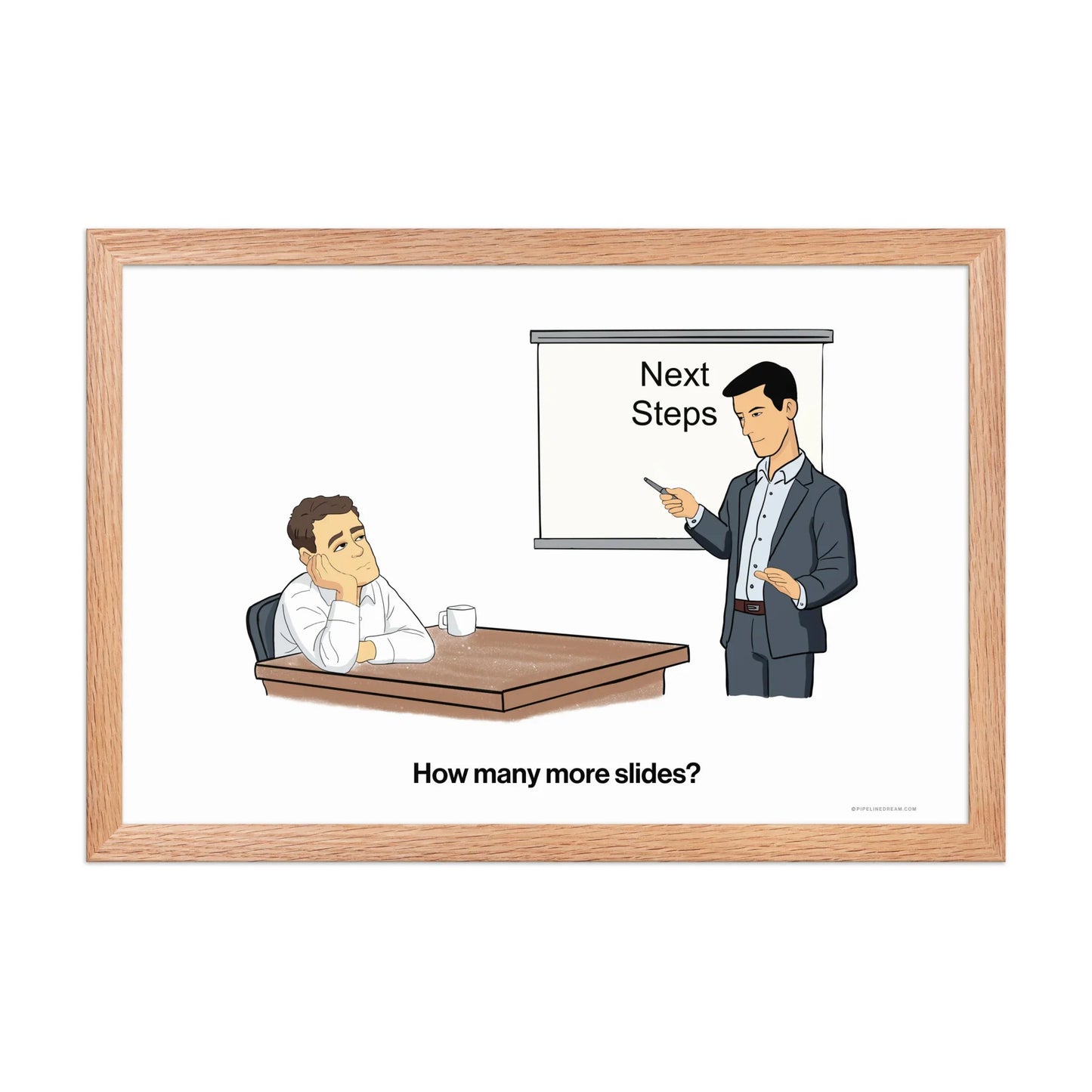 sales cartoon poster buyer disengagement before demo red oak frame