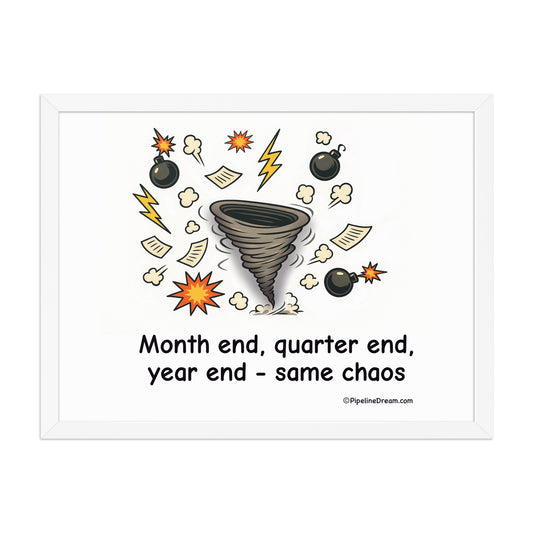 Sales Chaos poster in white frame hanging on wall featuring tornado, explosions and period end sales chaos scene.