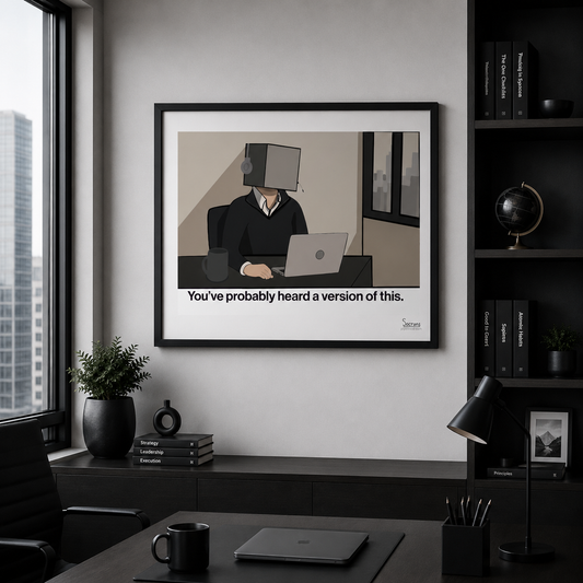 Funny sales cartoon poster on wall showing a SaaS sales rep with a box on his head saying “You’ve probably heard a version of this.”