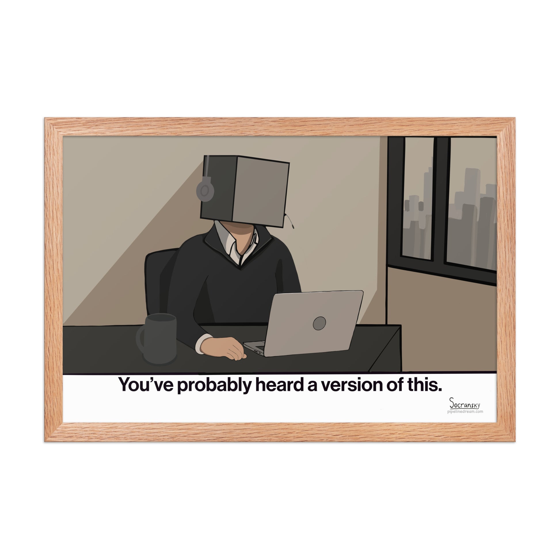 Funny enterprise sales poster in a red oak frame featuring a SaaS sales rep who sounds like every other vendor.