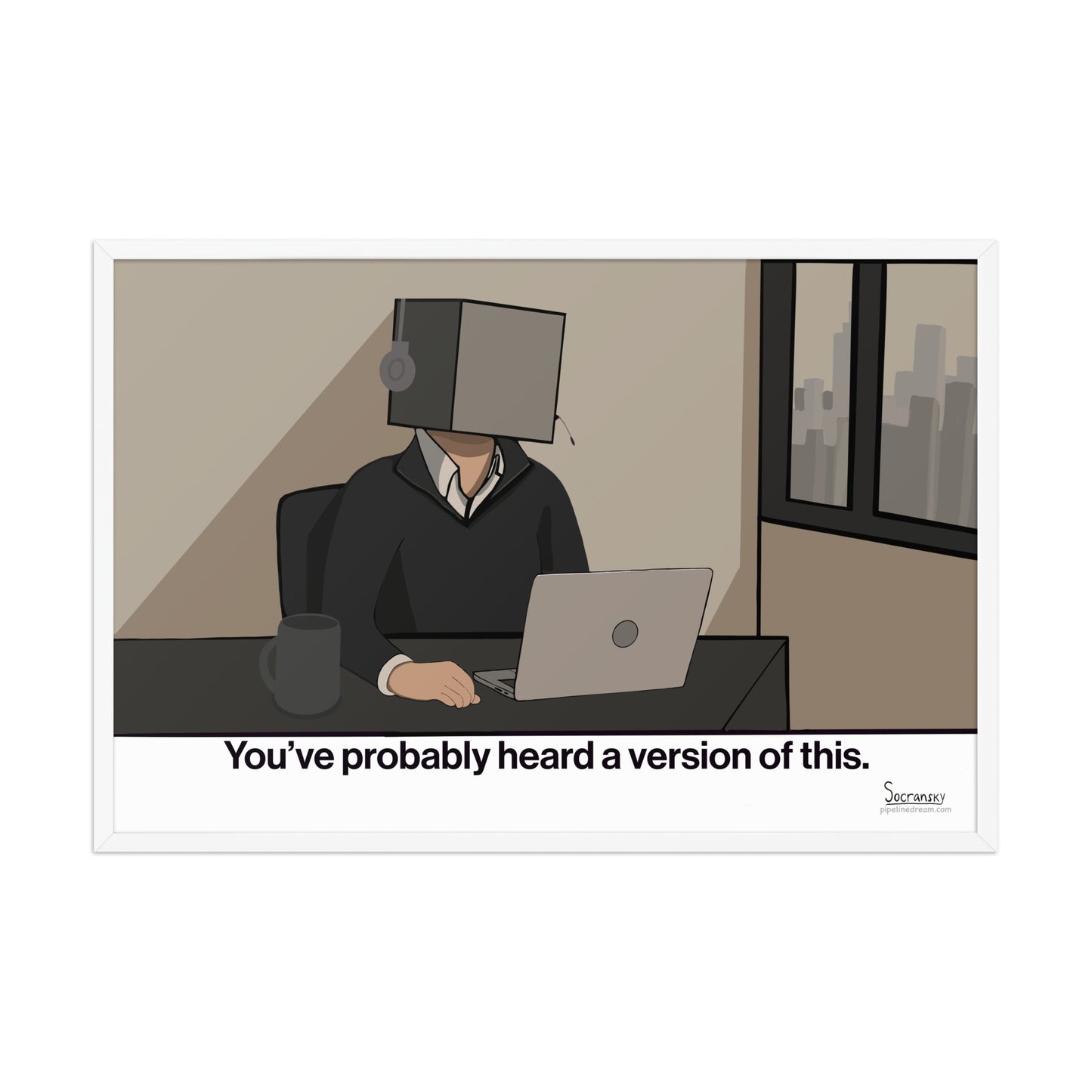 Funny sales wall art in a white frame about SaaS vendors sounding the same during competitive deals.