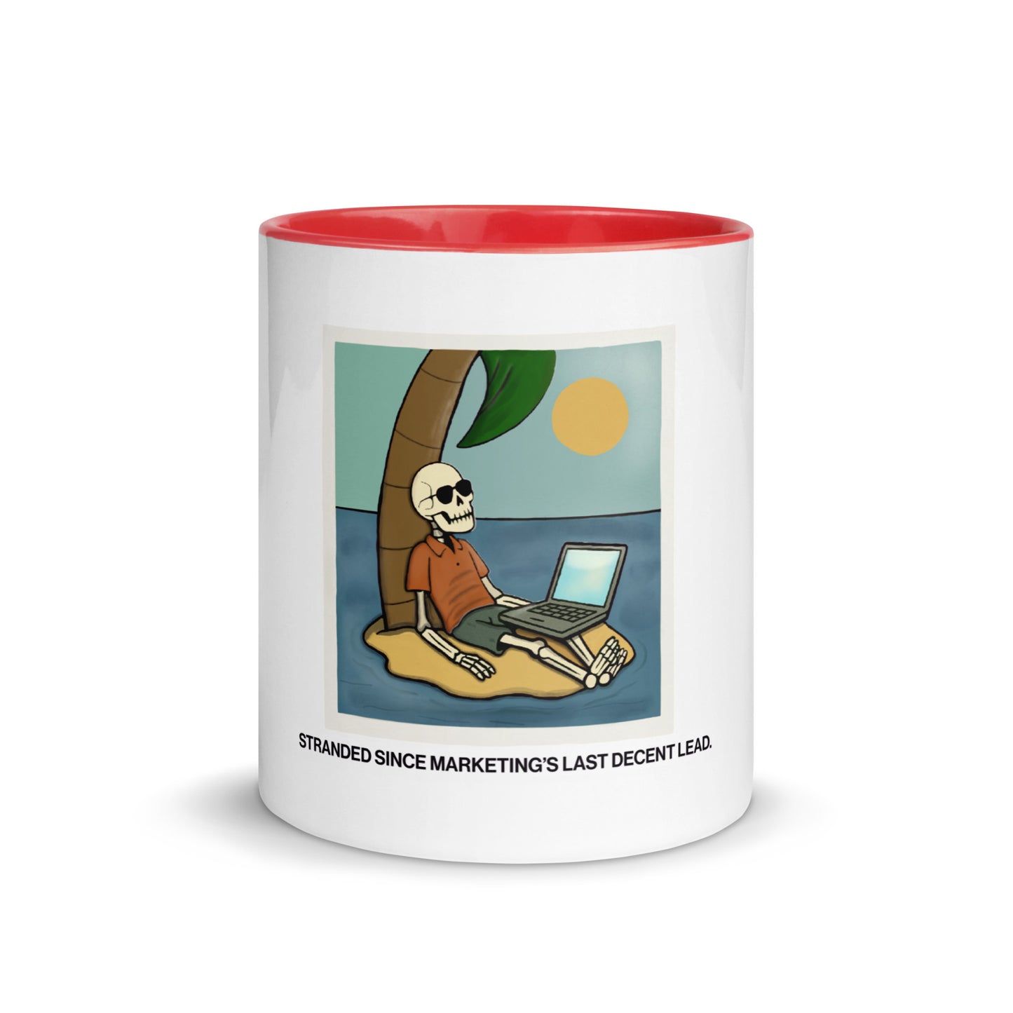 stranded since marketing's last decent lead sales humor mug showing red interior 