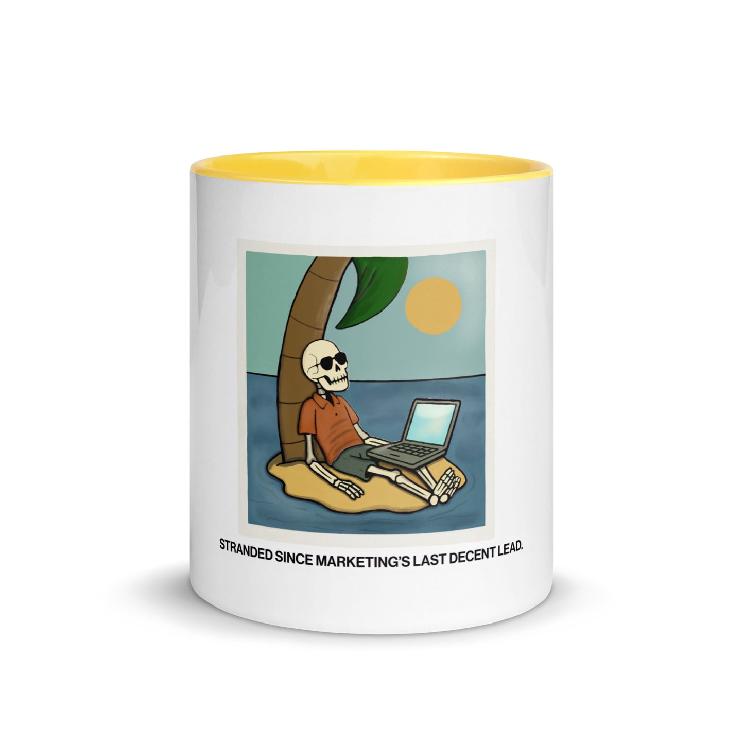 stranded since marketing's last decent lead sales humor mug showing yellow interior 