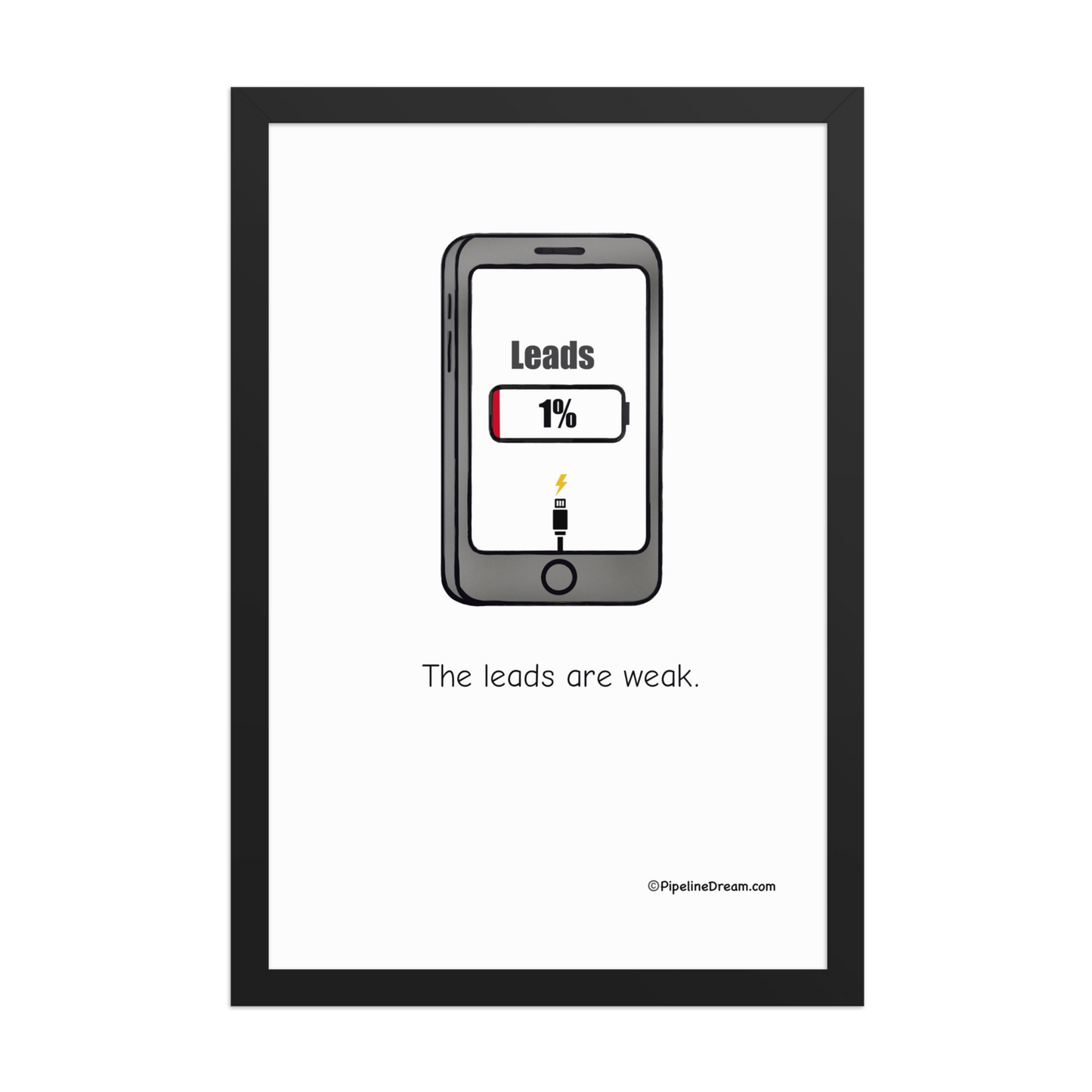 Funny sales poster “The Leads Are Weak” in black frame — clean front view — Pipeline Dream