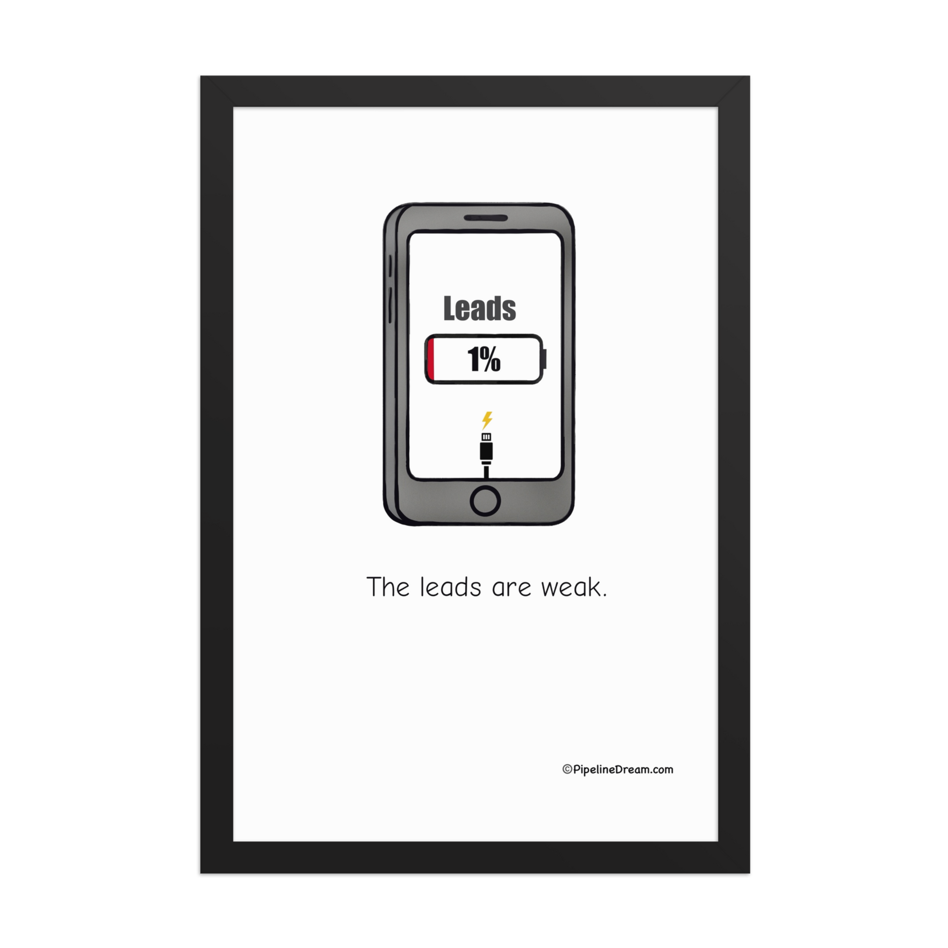 Funny sales poster “The Leads Are Weak” in black frame — clean front view — Pipeline Dream