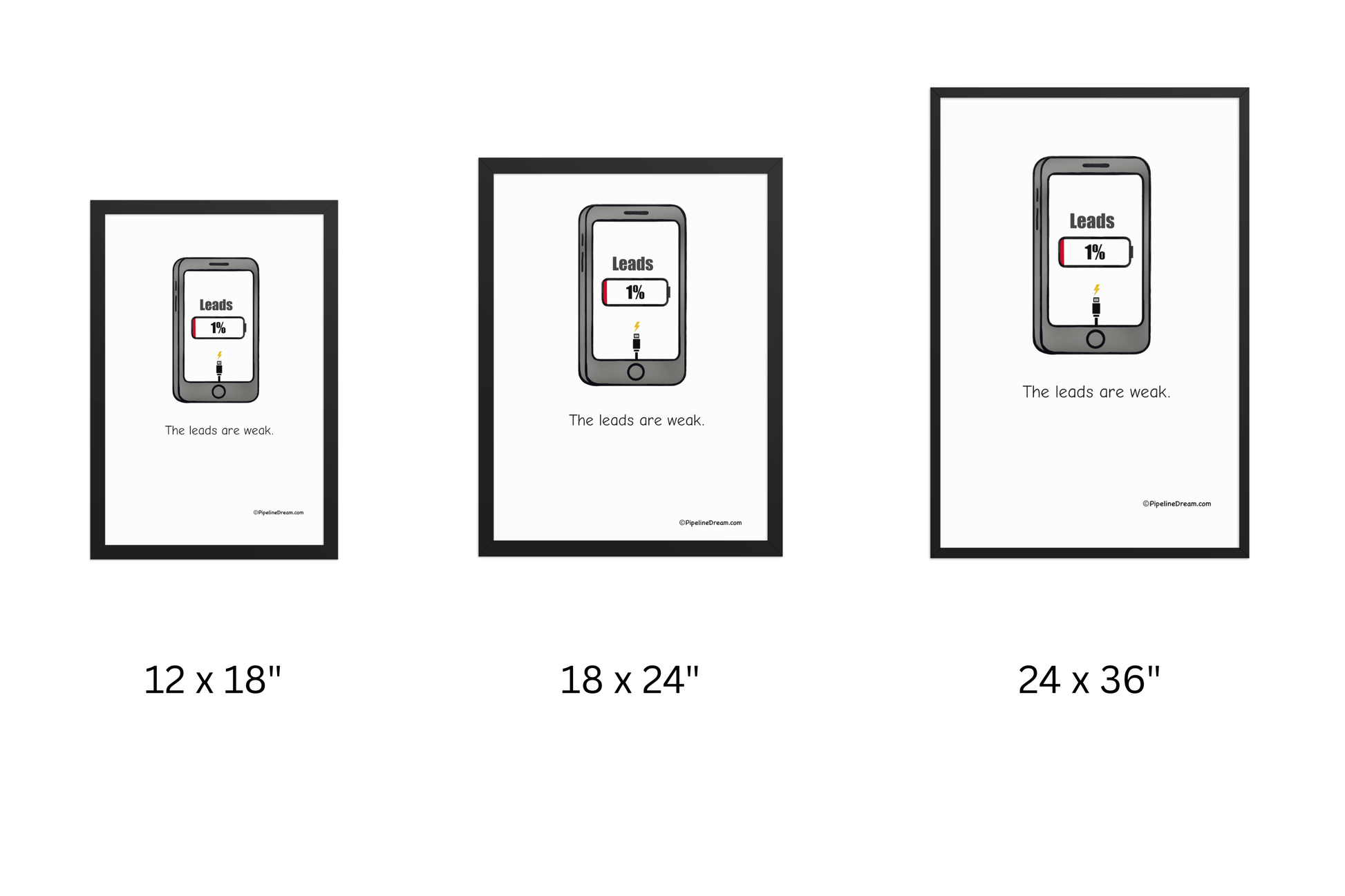 Funny sales poster “The Leads Are Weak” — size comparison in 12×18, 18×24, 24×36 — Pipeline Dream