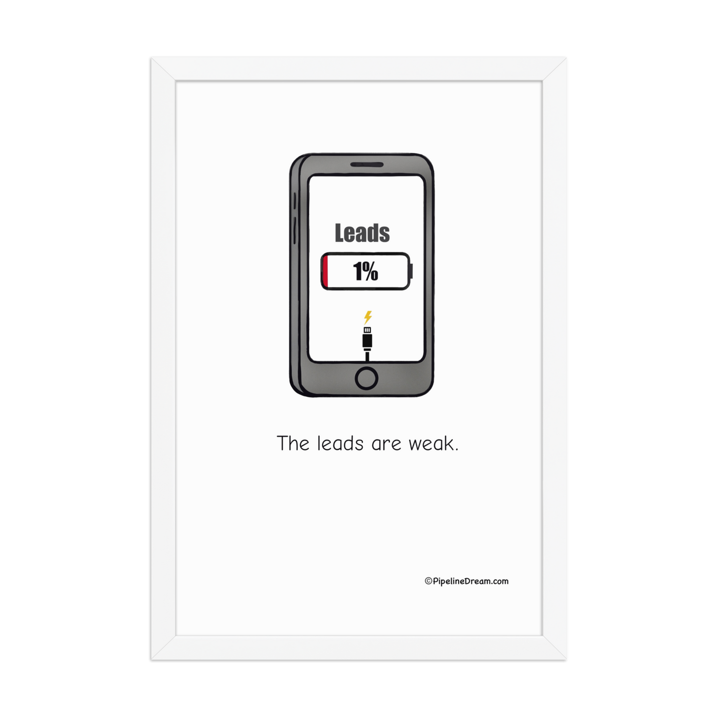 Funny sales poster “The Leads Are Weak” in white frame — product view — Pipeline Dream