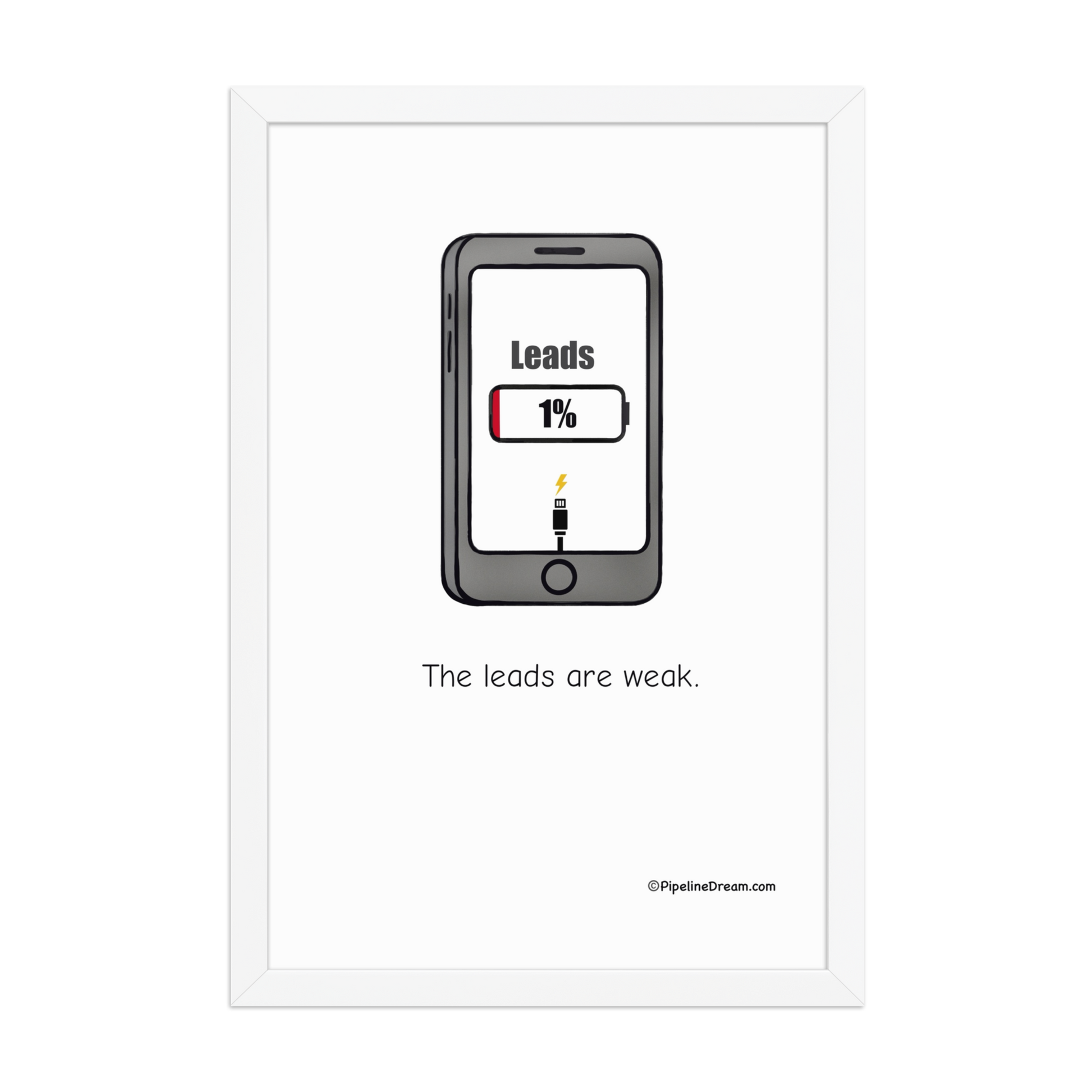 Funny sales poster “The Leads Are Weak” in white frame — product view — Pipeline Dream